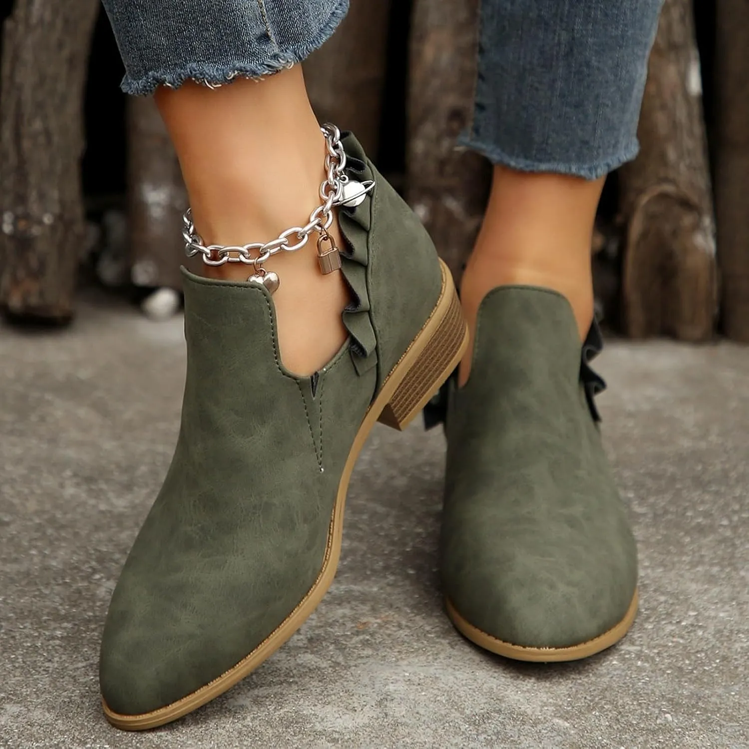 AMDBEL Winter Boots for Women 2024 Ankle Booties Low Heel Short Boots V Cut Chelsea Boots Pointd Toe Fall Winter Dressy Shoes