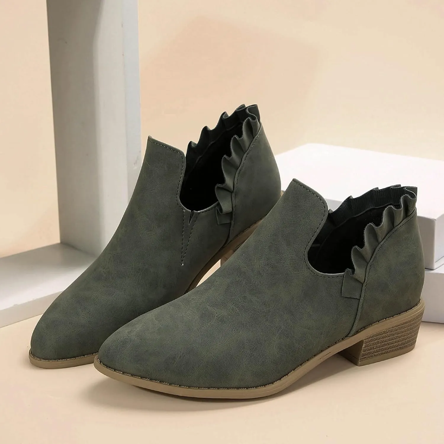 AMDBEL Winter Boots for Women 2024 Ankle Booties Low Heel Short Boots V Cut Chelsea Boots Pointd Toe Fall Winter Dressy Shoes