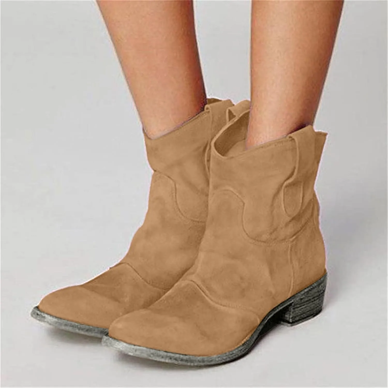 AMDBEL Winter Boots for Women 2024 Ankle Boots Chunky Low Heel Suede Mid Calf Zipper Cowboy Boots Winter Booties