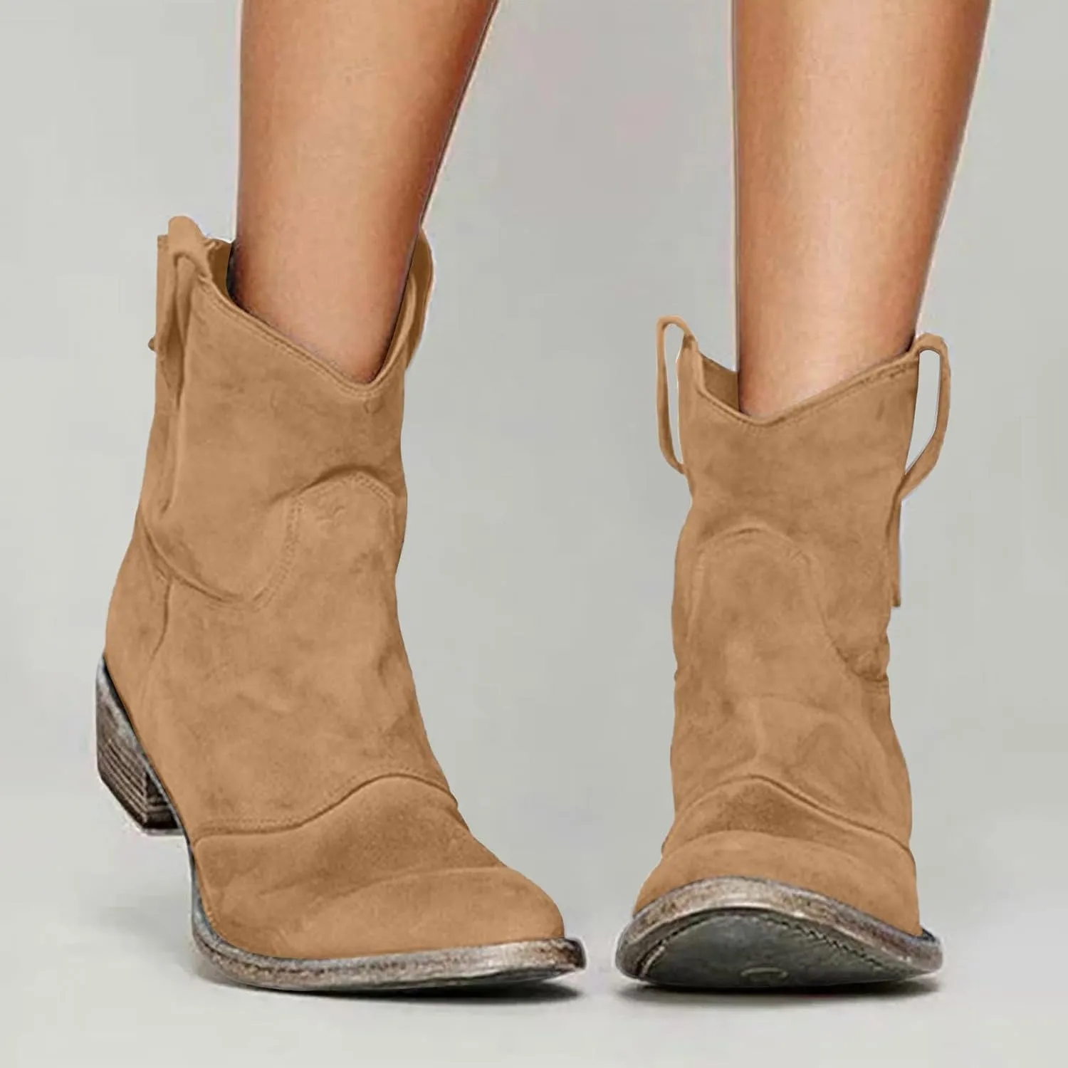 AMDBEL Winter Boots for Women 2024 Ankle Boots Chunky Low Heel Suede Mid Calf Zipper Cowboy Boots Winter Booties