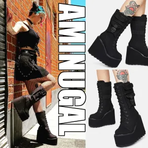 AMINUGAL Platform Boots for Women Wide Calf Punk Goth Black Boots Lace Up Wedge Boots for Women Round Toe Women's Mid-Calf Boots Moto Gothic Motorcycle Combat Boots Womens