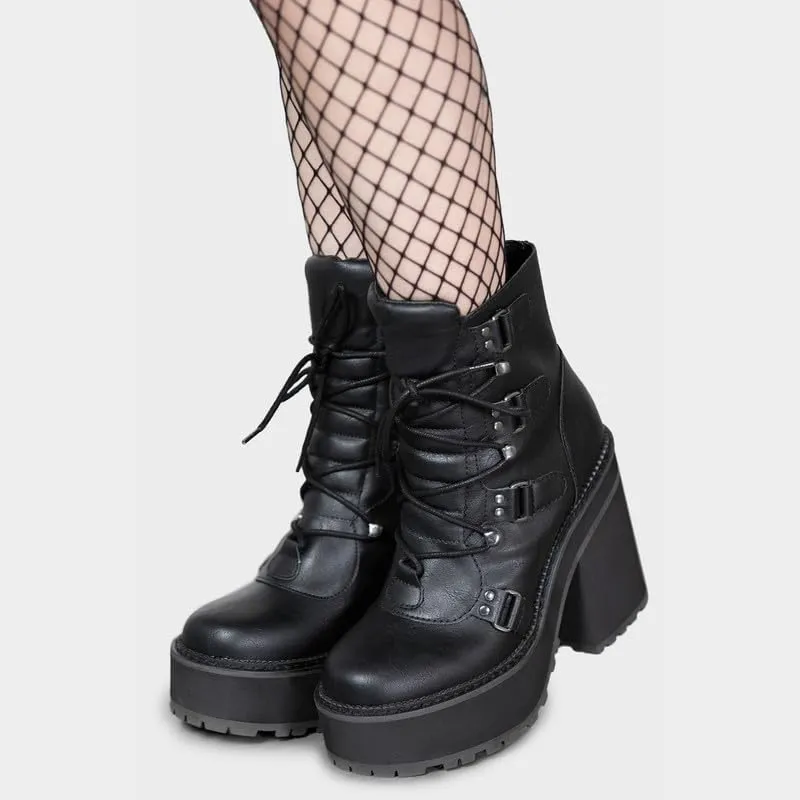 AMINUGAL Platform Boots for Women Wide Calf Punk Goth Black Boots Lace Up Wedge Boots for Women Round Toe Women's Mid-Calf Boots Moto Gothic Motorcycle Combat Boots Womens