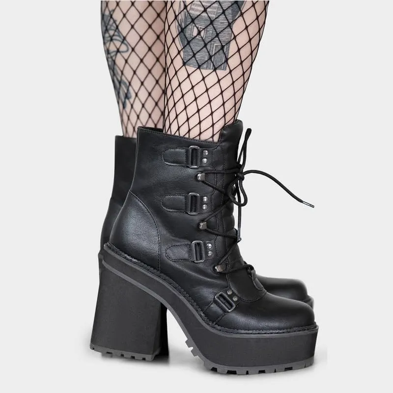 AMINUGAL Platform Boots for Women Wide Calf Punk Goth Black Boots Lace Up Wedge Boots for Women Round Toe Women's Mid-Calf Boots Moto Gothic Motorcycle Combat Boots Womens