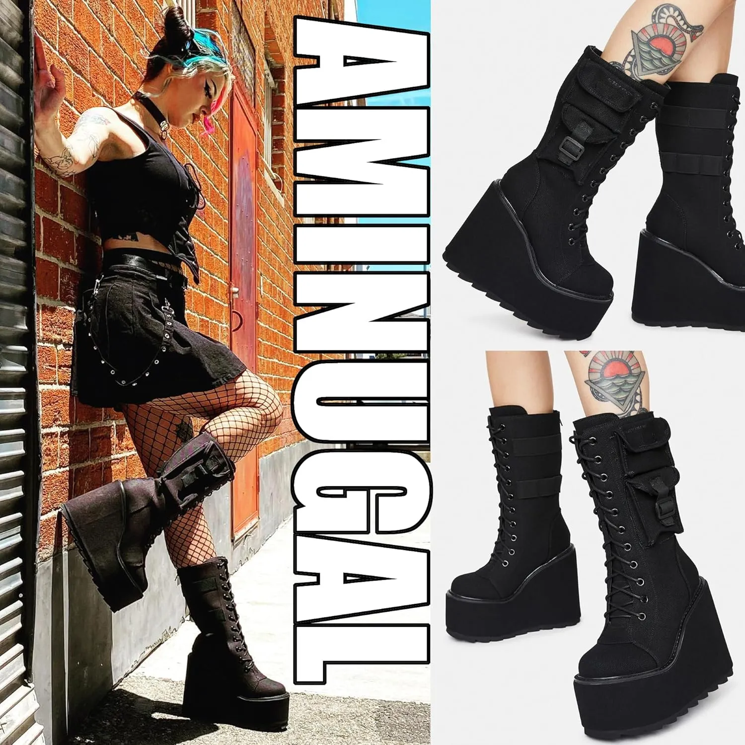 AMINUGAL Platform Boots for Women Wide Calf Punk Goth Black Boots Lace Up Wedge Boots for Women Round Toe Women's Mid-Calf Boots Moto Gothic Motorcycle Combat Boots Womens