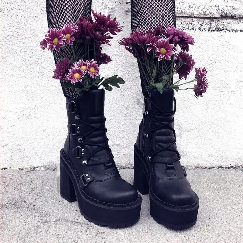 AMINUGAL Platform Boots for Women Wide Calf Punk Goth Black Boots Lace Up Wedge Boots for Women Round Toe Women's Mid-Calf Boots Moto Gothic Motorcycle Combat Boots Womens