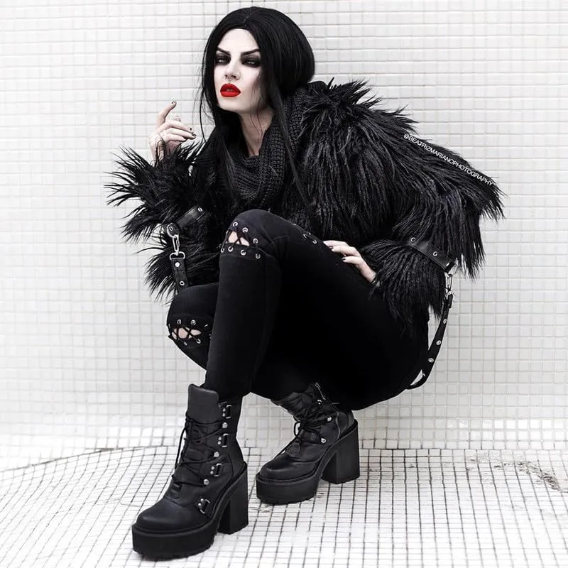 AMINUGAL Platform Boots for Women Wide Calf Punk Goth Black Boots Lace Up Wedge Boots for Women Round Toe Women's Mid-Calf Boots Moto Gothic Motorcycle Combat Boots Womens