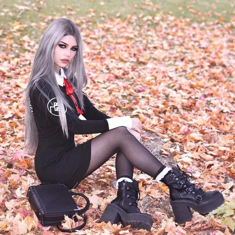 AMINUGAL Platform Boots for Women Wide Calf Punk Goth Black Boots Lace Up Wedge Boots for Women Round Toe Women's Mid-Calf Boots Moto Gothic Motorcycle Combat Boots Womens