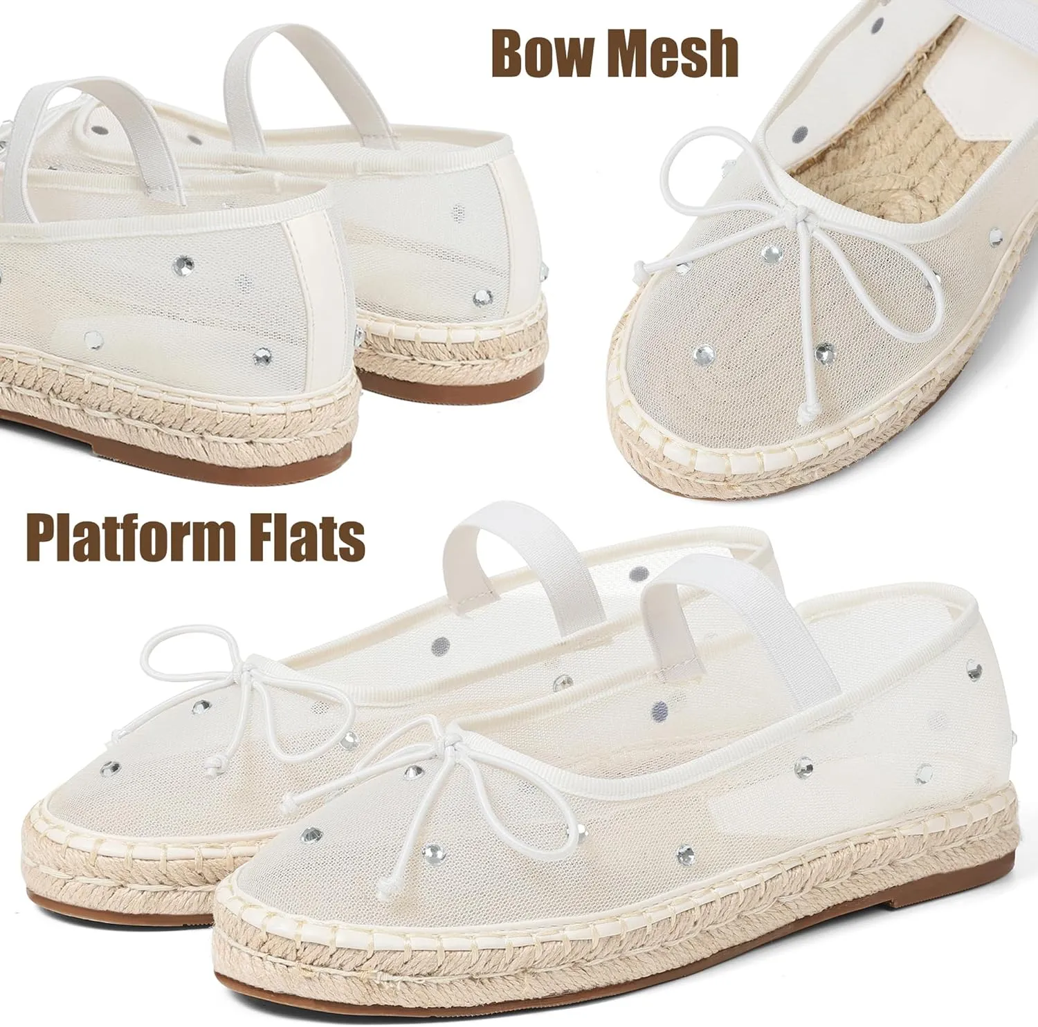 AMINUGAL Raffia Ballet Flats Shoes for Women Dressy Comfortable Woven Straw Women's Flat with Elastic Strap Mesh Bows Raffia Mary Janes Ballerina