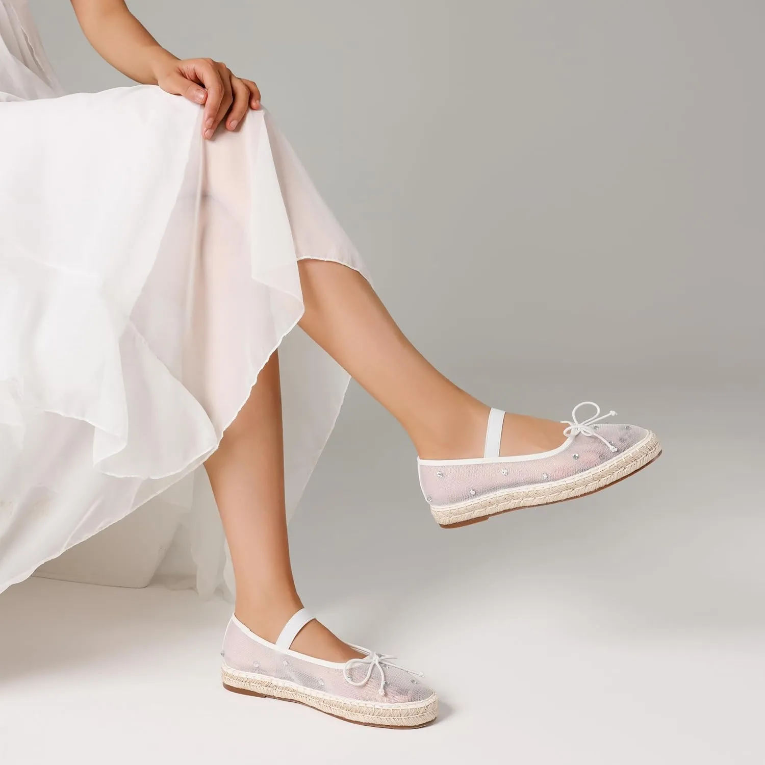 AMINUGAL Raffia Ballet Flats Shoes for Women Dressy Comfortable Woven Straw Women's Flat with Elastic Strap Mesh Bows Raffia Mary Janes Ballerina