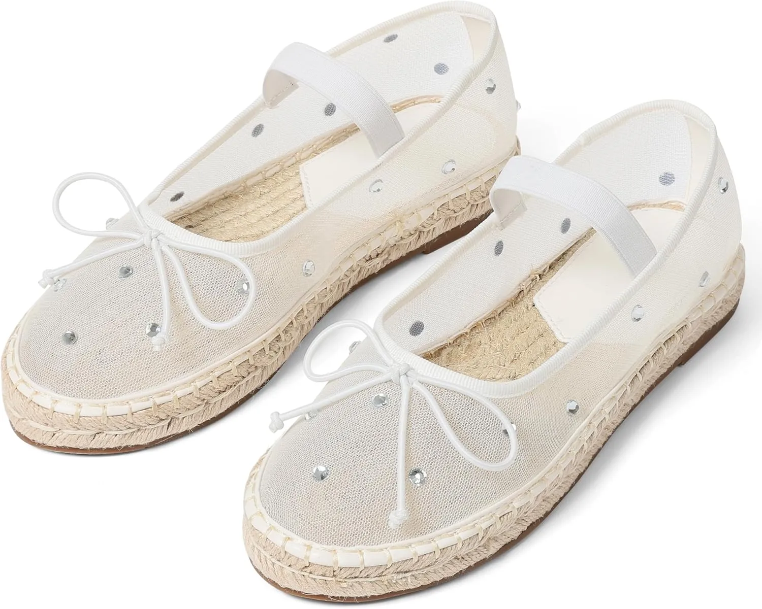 AMINUGAL Raffia Ballet Flats Shoes for Women Dressy Comfortable Woven Straw Women's Flat with Elastic Strap Mesh Bows Raffia Mary Janes Ballerina