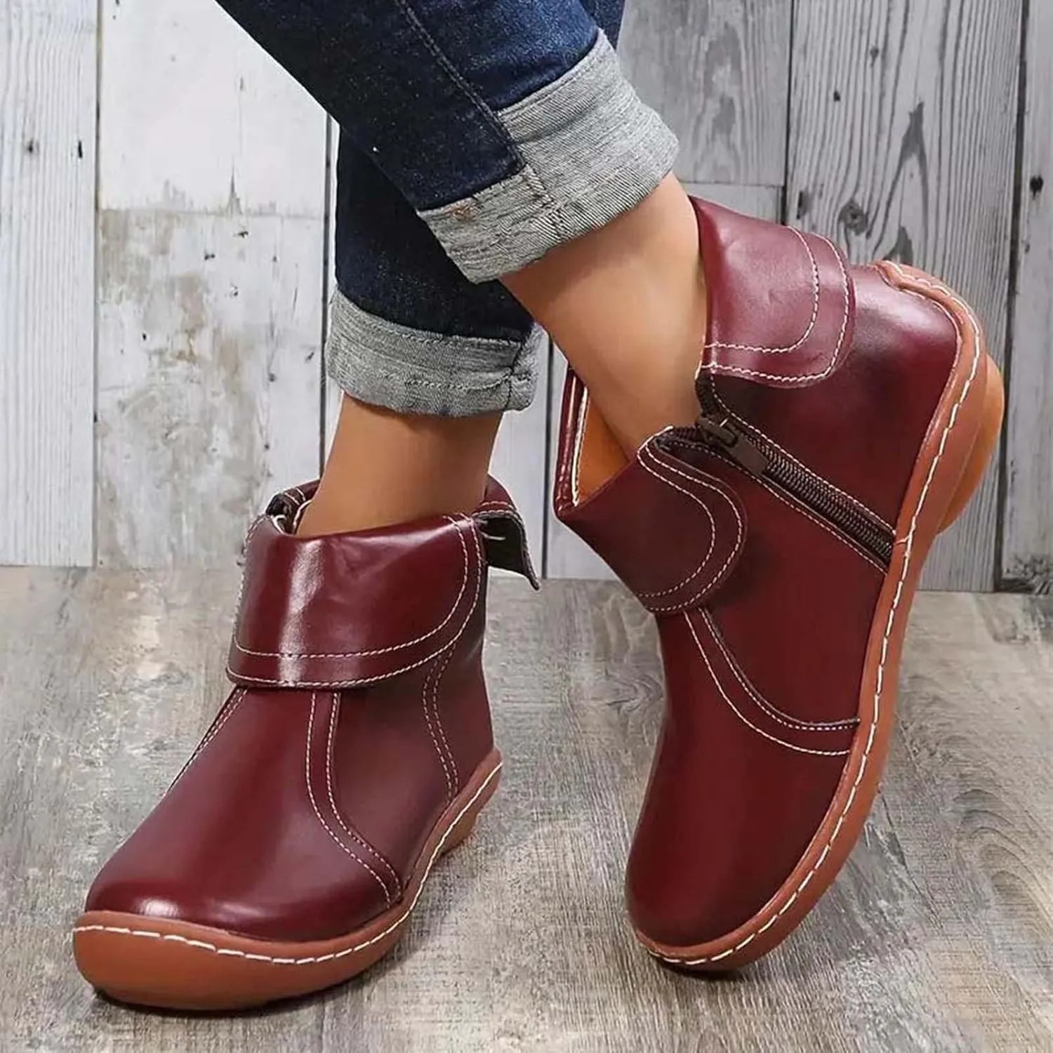 Ankle Boots for Women Low Heel Women's Round Toe Casual Fashion Flat Boots Women's Leather Boots Side Zipper Boots