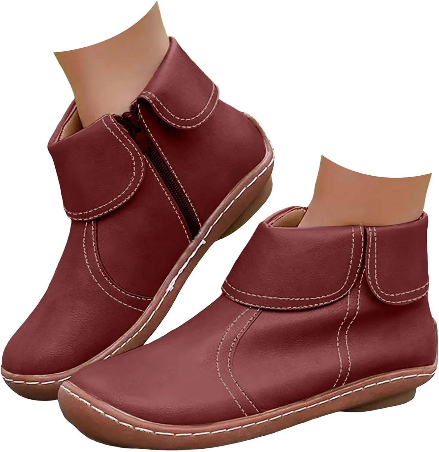 Ankle Boots for Women Low Heel Women's Round Toe Casual Fashion Flat Boots Women's Leather Boots Side Zipper Boots