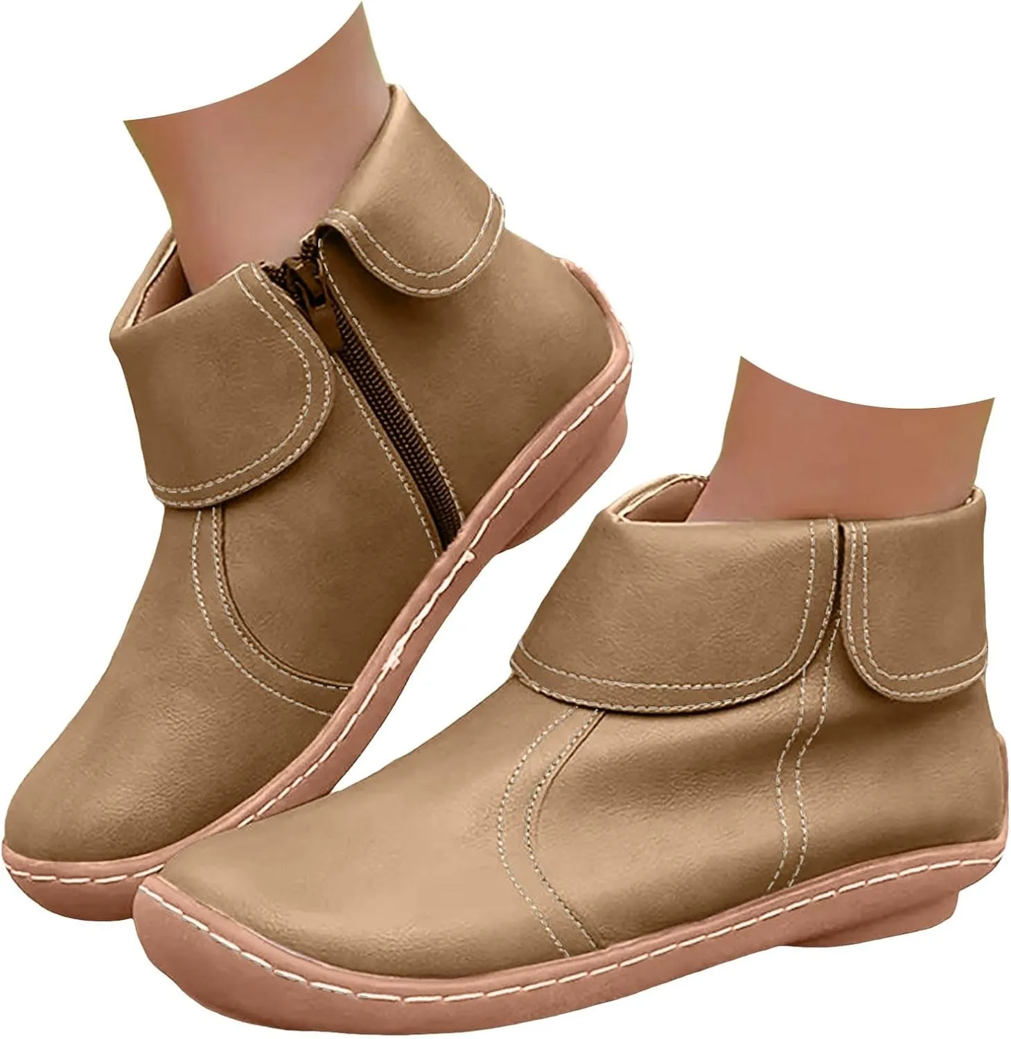 Ankle Boots for Women Low Heel Women's Round Toe Casual Fashion Flat Boots Women's Leather Boots Side Zipper Boots