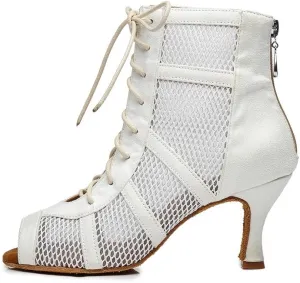 AOQUNFS Dance Heels for Women Mesh Ballroom Dance Booties Lace Up Dance Ankle Boots with Zipper