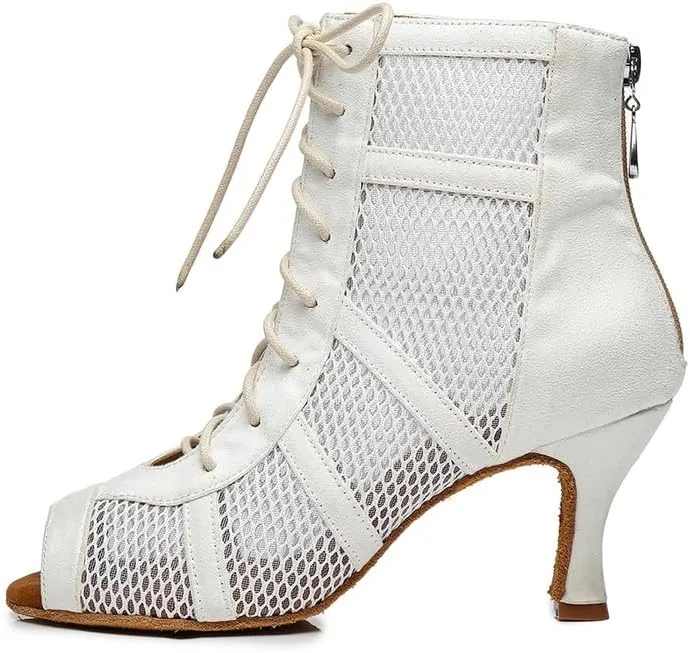 AOQUNFS Dance Heels for Women Mesh Ballroom Dance Booties Lace Up Dance Ankle Boots with Zipper