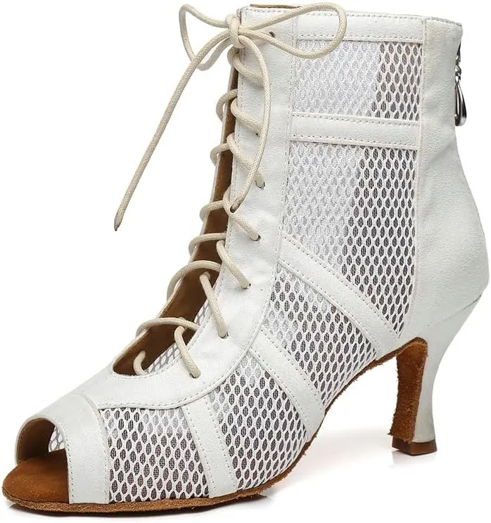 AOQUNFS Dance Heels for Women Mesh Ballroom Dance Booties Lace Up Dance Ankle Boots with Zipper