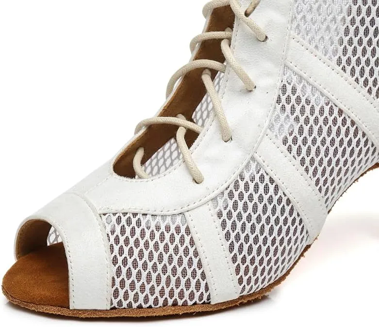 AOQUNFS Dance Heels for Women Mesh Ballroom Dance Booties Lace Up Dance Ankle Boots with Zipper