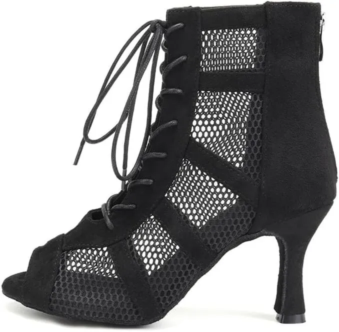 AOQUNFS Dance Heels for Women Mesh Ballroom Dance Booties Lace Up Dance Ankle Boots with Zipper