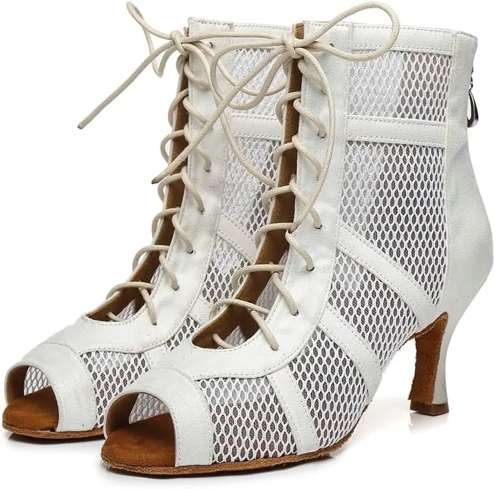 AOQUNFS Dance Heels for Women Mesh Ballroom Dance Booties Lace Up Dance Ankle Boots with Zipper