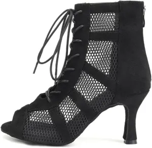 AOQUNFS Dance Heels for Women Mesh Ballroom Dance Booties Lace Up Dance Ankle Boots with Zipper