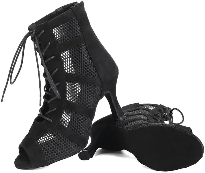 AOQUNFS Dance Heels for Women Mesh Ballroom Dance Booties Lace Up Dance Ankle Boots with Zipper