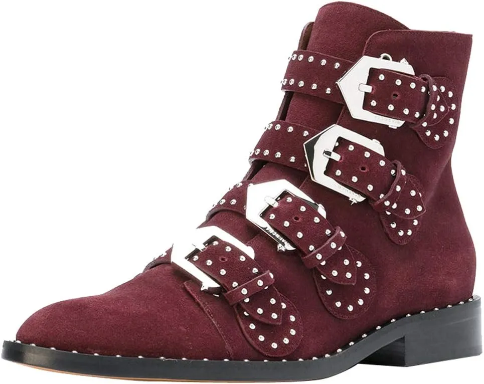 Arqa Studded Ankle Boots for Women Round Toe Rivet Buckle Strap Riding Boot Low Heel Motorcycle Booties