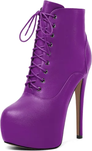 AUMOTED Women's Ankle Boots Platform Round Toe Combat Boots Stiletto High Heel Booties Sexy Fashion 6.3" Lace Up Zipper Warm Short Boots