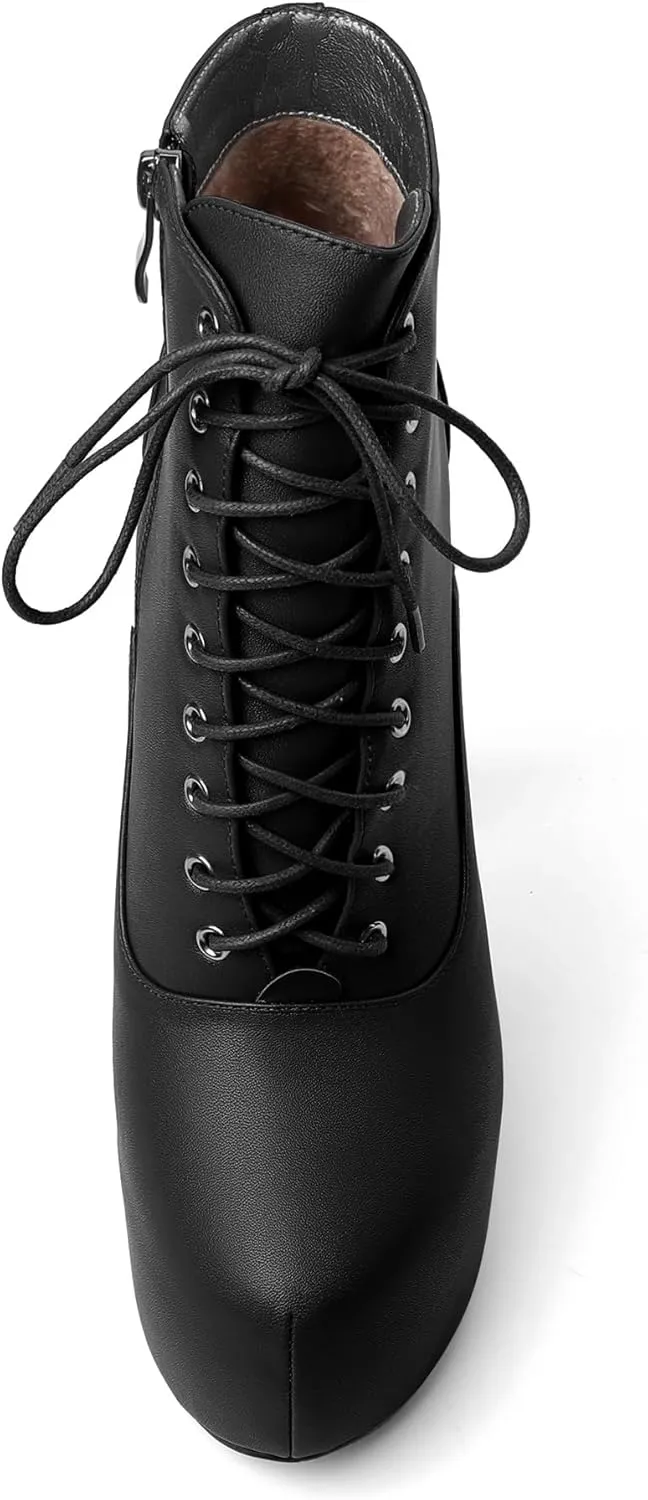 AUMOTED Women's Ankle Boots Platform Round Toe Combat Boots Stiletto High Heel Booties Sexy Fashion 6.3" Lace Up Zipper Warm Short Boots