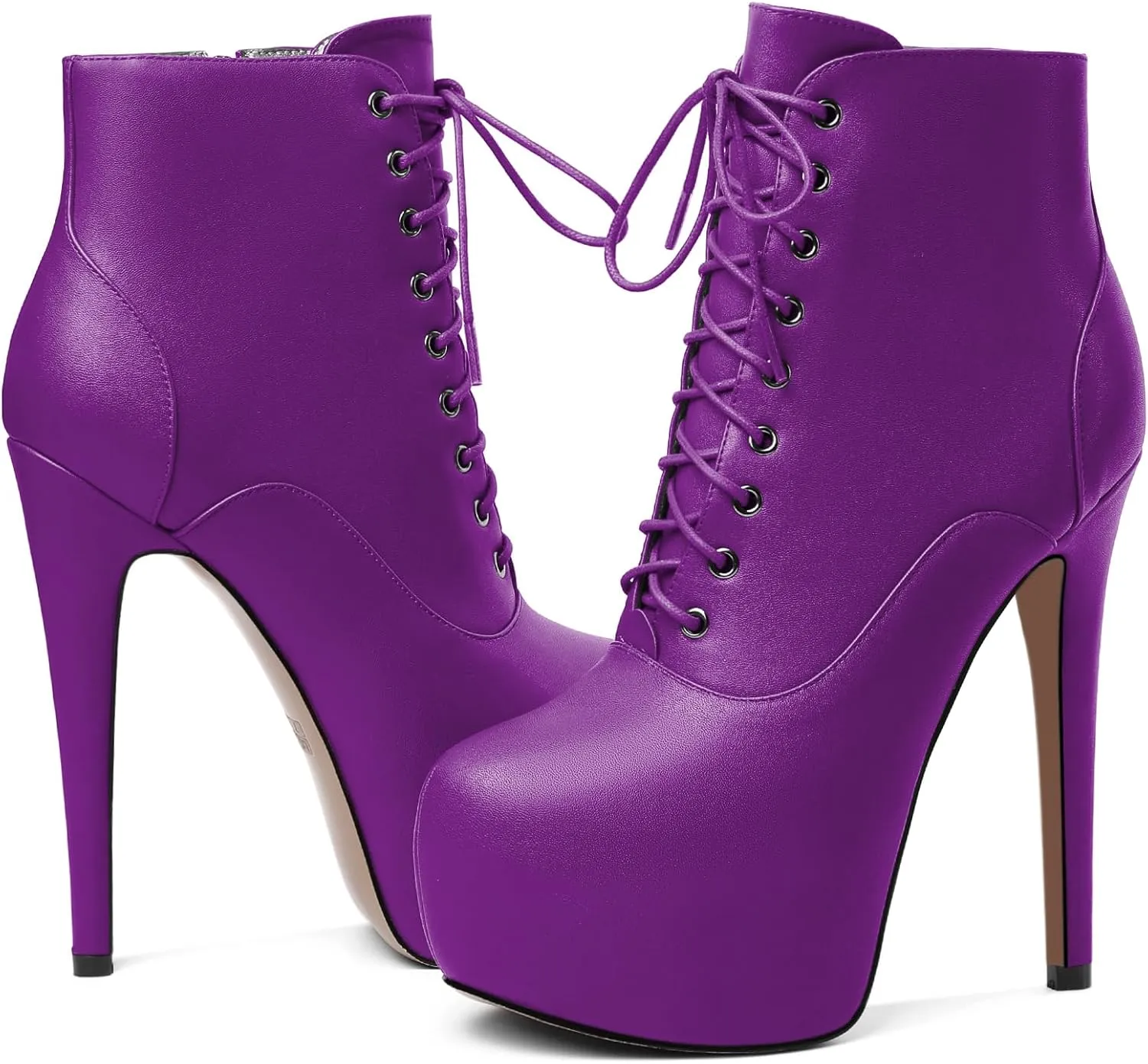 AUMOTED Women's Ankle Boots Platform Round Toe Combat Boots Stiletto High Heel Booties Sexy Fashion 6.3" Lace Up Zipper Warm Short Boots
