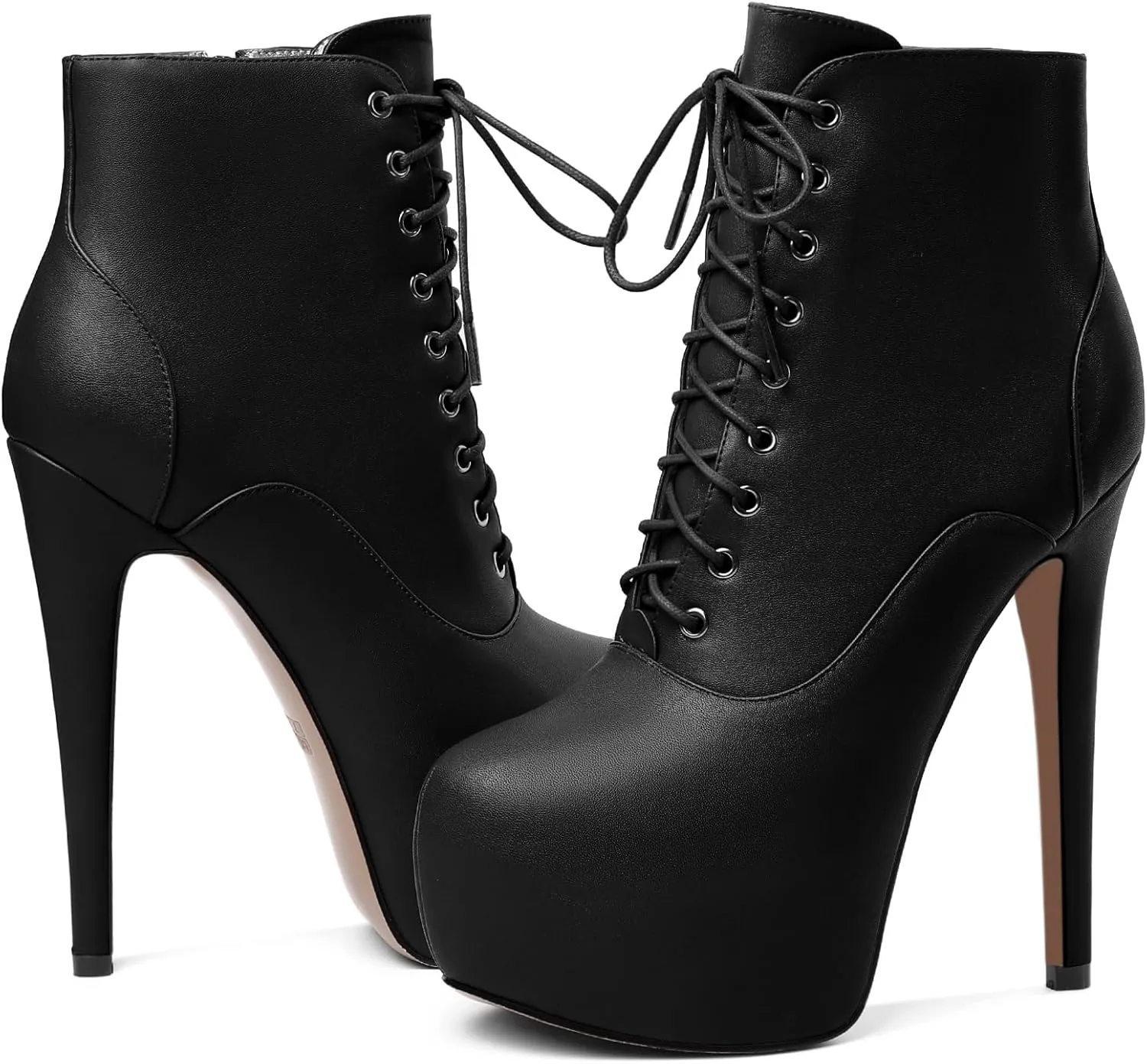 AUMOTED Women's Ankle Boots Platform Round Toe Combat Boots Stiletto High Heel Booties Sexy Fashion 6.3" Lace Up Zipper Warm Short Boots