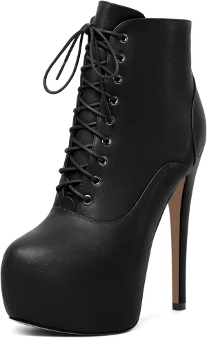 AUMOTED Women's Ankle Boots Platform Round Toe Combat Boots Stiletto High Heel Booties Sexy Fashion 6.3" Lace Up Zipper Warm Short Boots
