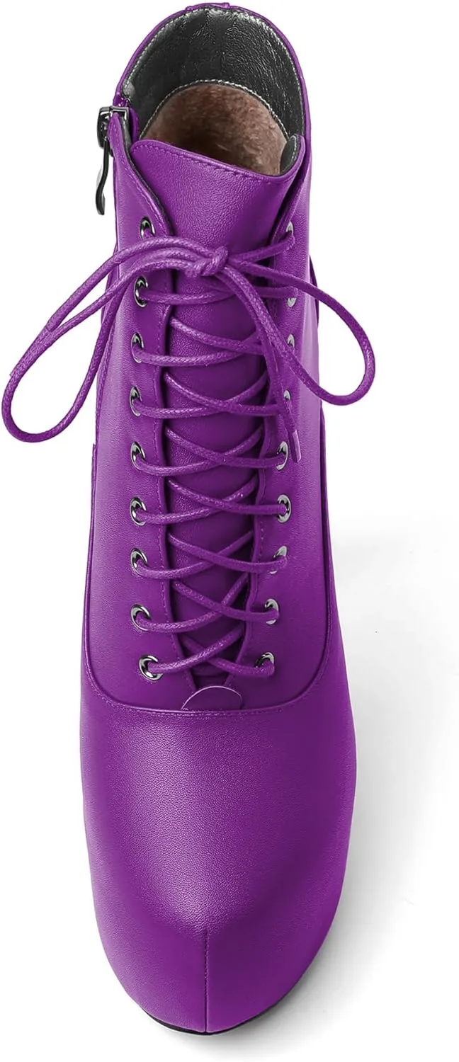 AUMOTED Women's Ankle Boots Platform Round Toe Combat Boots Stiletto High Heel Booties Sexy Fashion 6.3" Lace Up Zipper Warm Short Boots