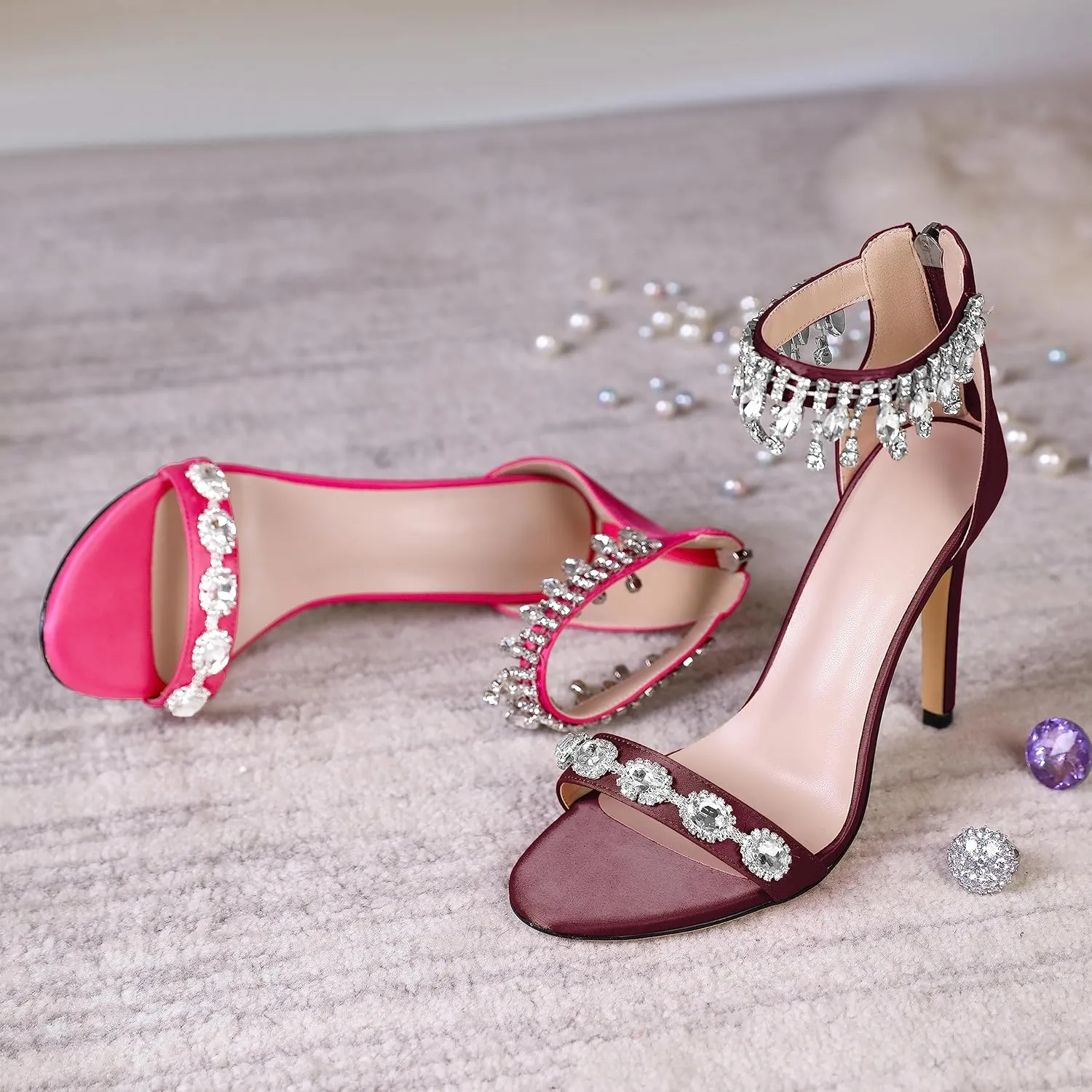 AUMOTED Women's High Heels Open Toe Pumps Stiletto Heeled Sandals Dating Beaded Pumps with Pearl Ankle Buckle Strap Bride Wedding Party Shoes 4.3 Inch