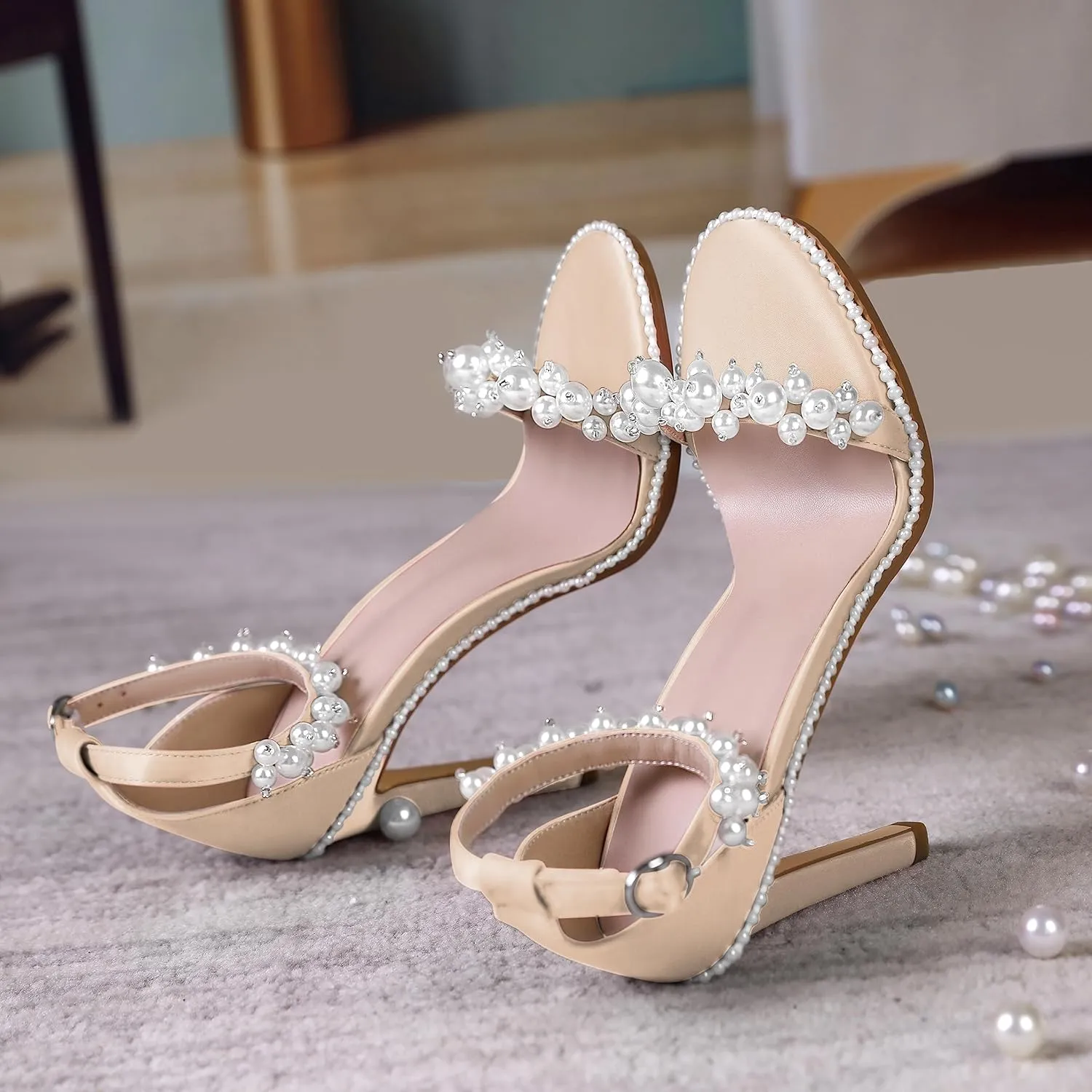 AUMOTED Women's High Heels Open Toe Pumps Stiletto Heeled Sandals Dating Beaded Pumps with Pearl Ankle Buckle Strap Bride Wedding Party Shoes 4.3 Inch