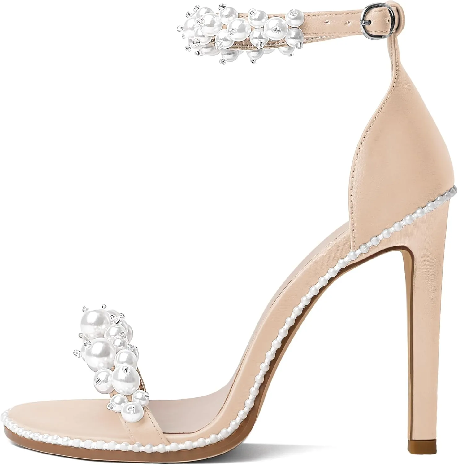 AUMOTED Women's High Heels Open Toe Pumps Stiletto Heeled Sandals Dating Beaded Pumps with Pearl Ankle Buckle Strap Bride Wedding Party Shoes 4.3 Inch