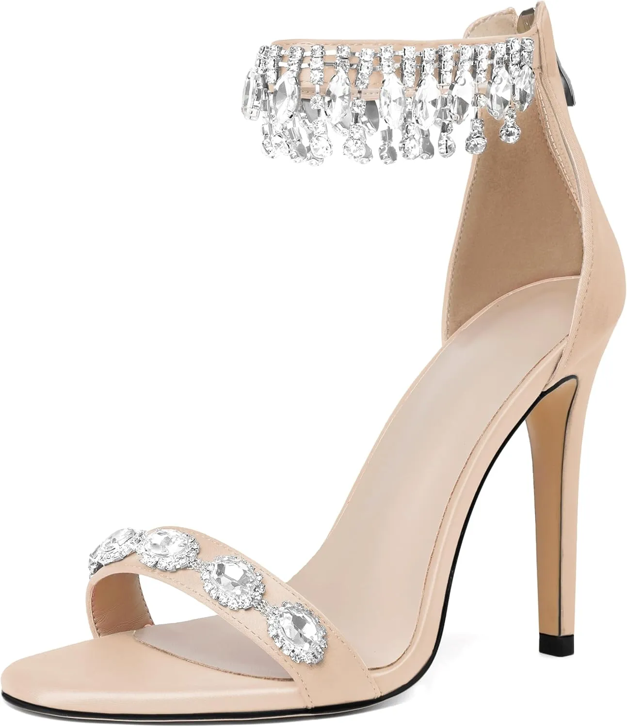 AUMOTED Women's High Heels Open Toe Pumps Stiletto Heeled Sandals Dating Beaded Pumps with Pearl Ankle Buckle Strap Bride Wedding Party Shoes 4.3 Inch
