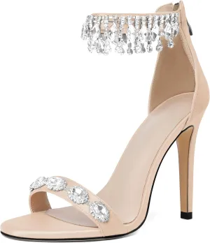 AUMOTED Women's High Heels Open Toe Pumps Stiletto Heeled Sandals Dating Beaded Pumps with Pearl Ankle Buckle Strap Bride Wedding Party Shoes 4.3 Inch