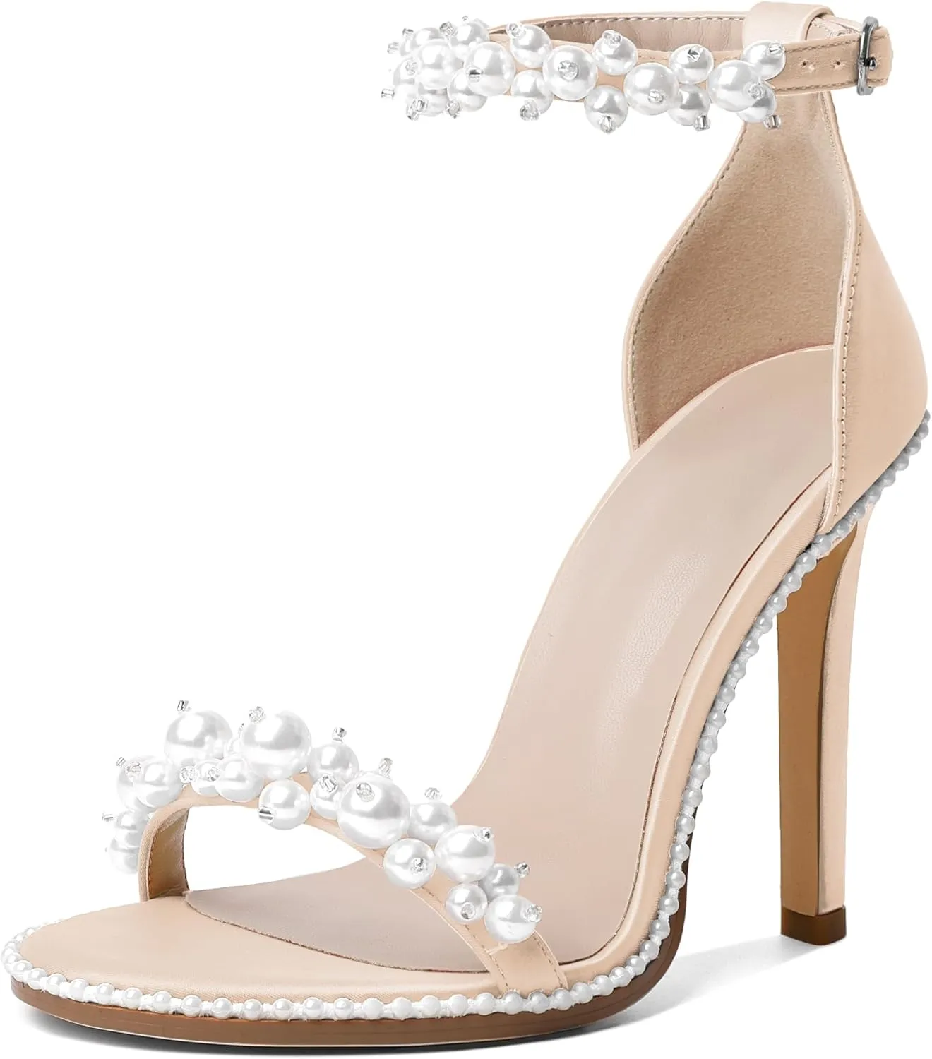 AUMOTED Women's High Heels Open Toe Pumps Stiletto Heeled Sandals Dating Beaded Pumps with Pearl Ankle Buckle Strap Bride Wedding Party Shoes 4.3 Inch