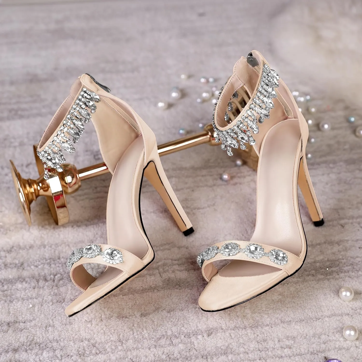 AUMOTED Women's High Heels Open Toe Pumps Stiletto Heeled Sandals Dating Beaded Pumps with Pearl Ankle Buckle Strap Bride Wedding Party Shoes 4.3 Inch