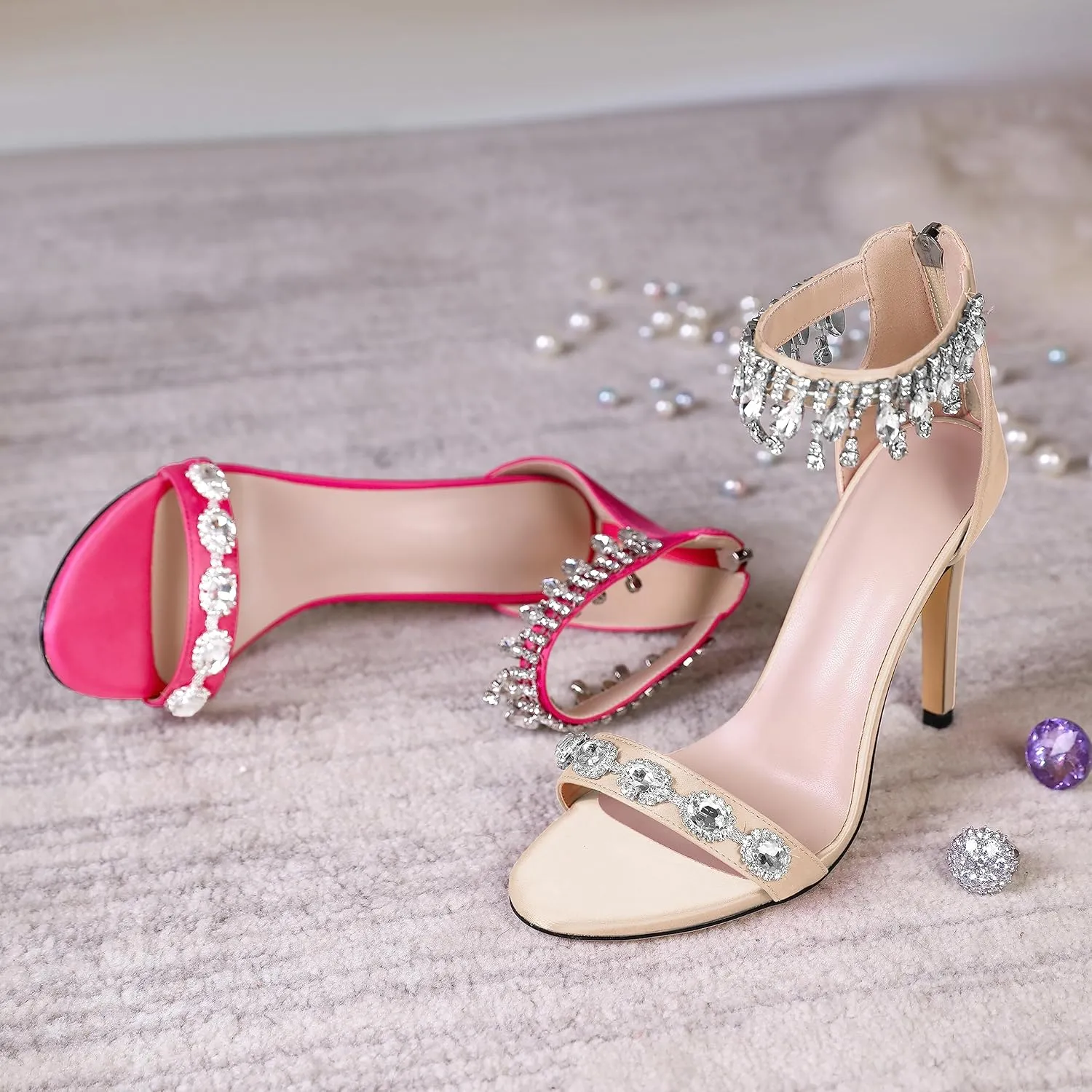 AUMOTED Women's High Heels Open Toe Pumps Stiletto Heeled Sandals Dating Beaded Pumps with Pearl Ankle Buckle Strap Bride Wedding Party Shoes 4.3 Inch