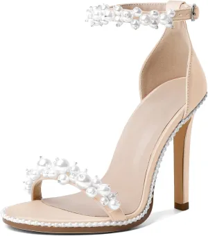AUMOTED Women's High Heels Open Toe Pumps Stiletto Heeled Sandals Dating Beaded Pumps with Pearl Ankle Buckle Strap Bride Wedding Party Shoes 4.3 Inch