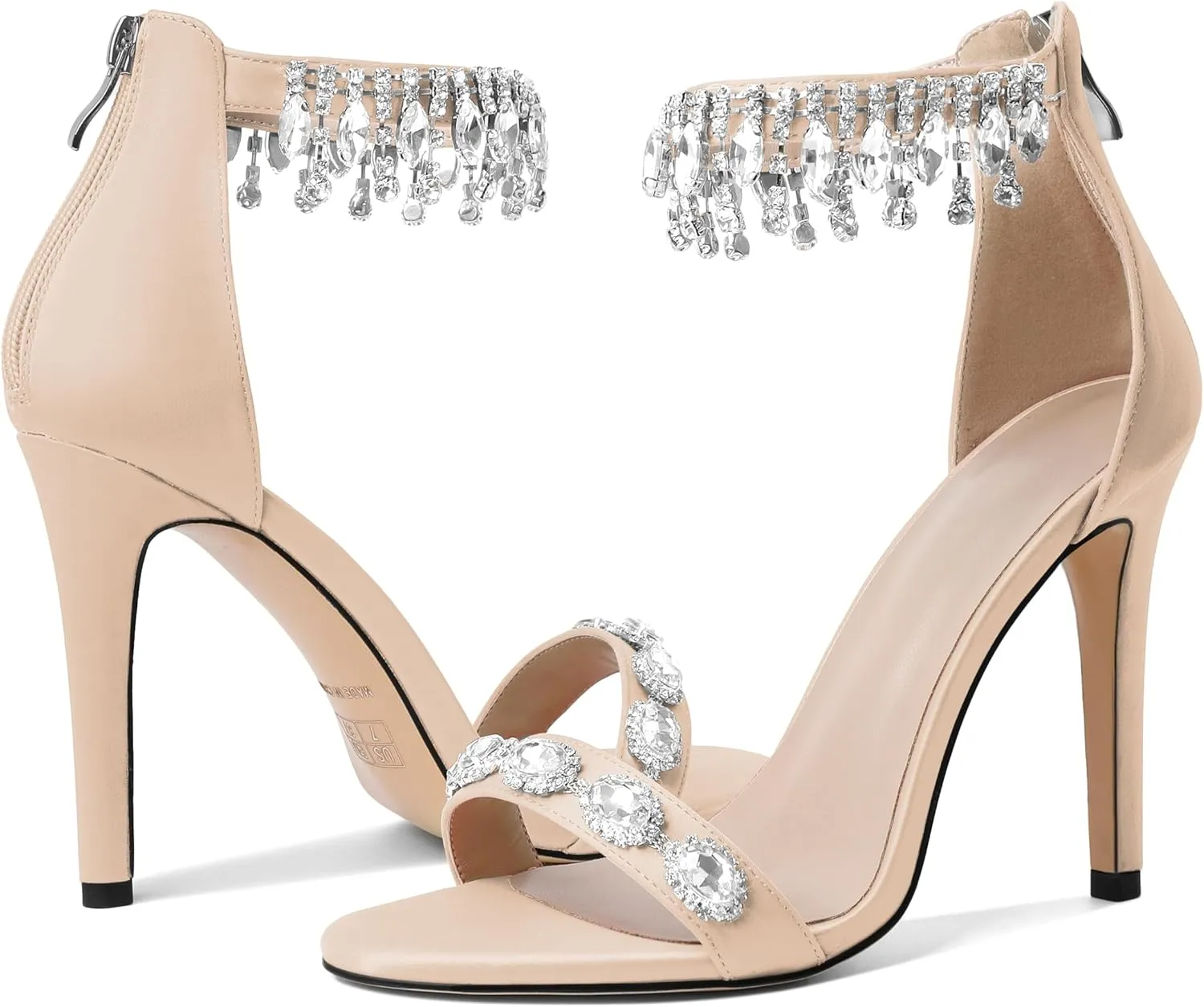 AUMOTED Women's High Heels Open Toe Pumps Stiletto Heeled Sandals Dating Beaded Pumps with Pearl Ankle Buckle Strap Bride Wedding Party Shoes 4.3 Inch