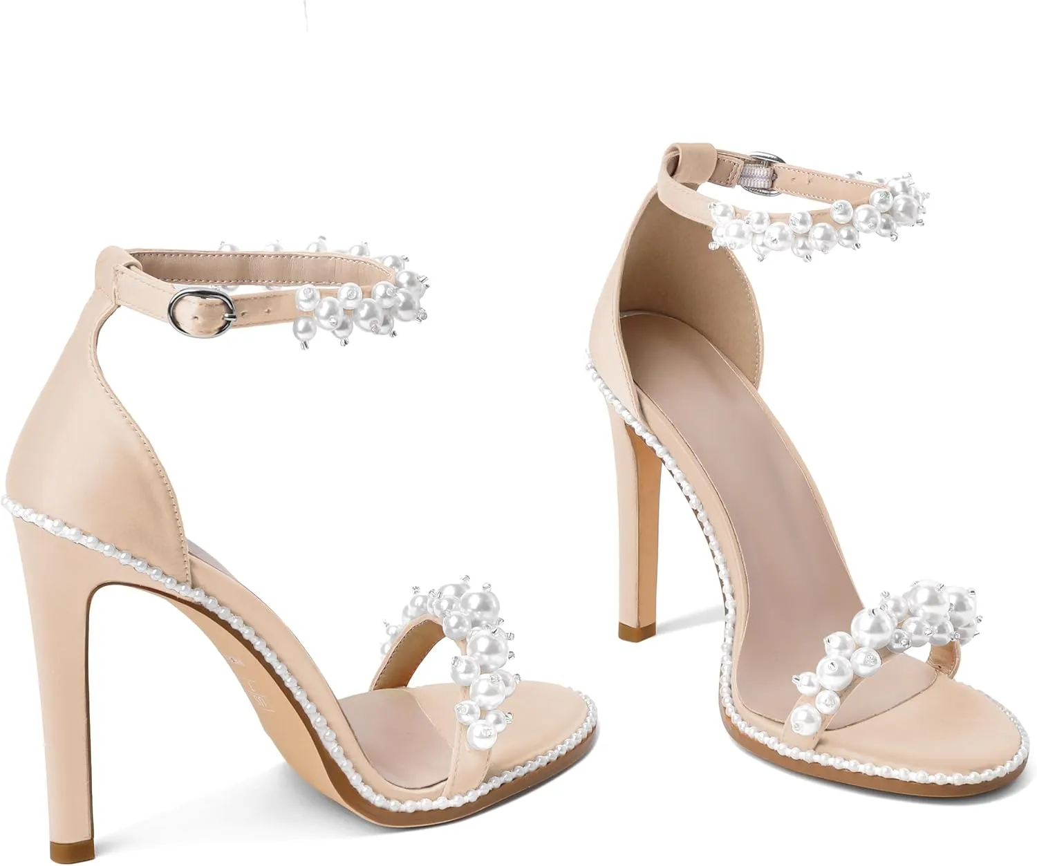 AUMOTED Women's High Heels Open Toe Pumps Stiletto Heeled Sandals Dating Beaded Pumps with Pearl Ankle Buckle Strap Bride Wedding Party Shoes 4.3 Inch