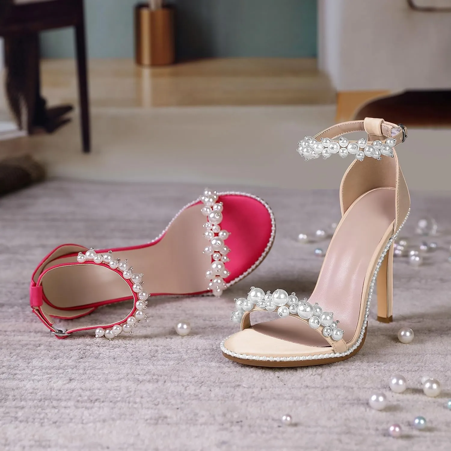 AUMOTED Women's High Heels Open Toe Pumps Stiletto Heeled Sandals Dating Beaded Pumps with Pearl Ankle Buckle Strap Bride Wedding Party Shoes 4.3 Inch