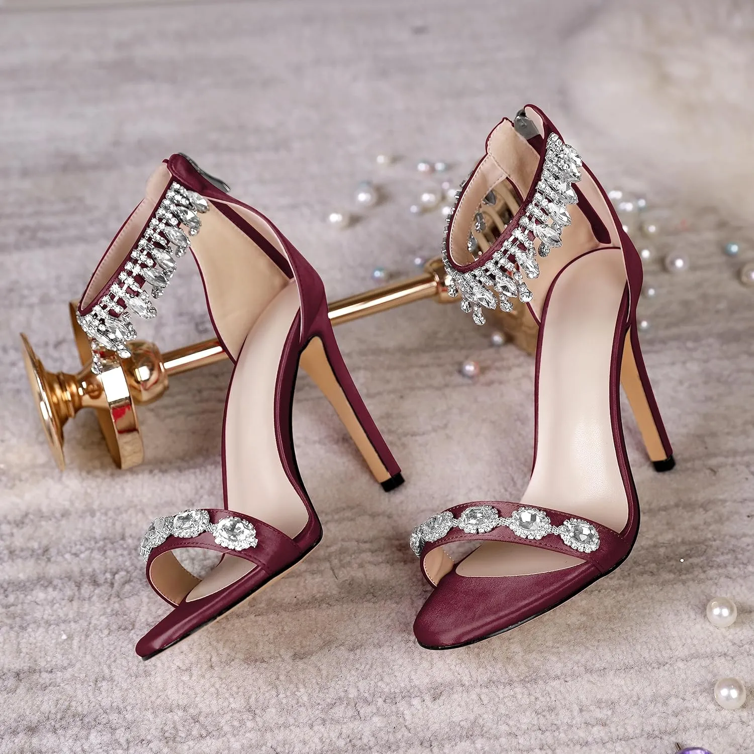 AUMOTED Women's High Heels Open Toe Pumps Stiletto Heeled Sandals Dating Beaded Pumps with Pearl Ankle Buckle Strap Bride Wedding Party Shoes 4.3 Inch