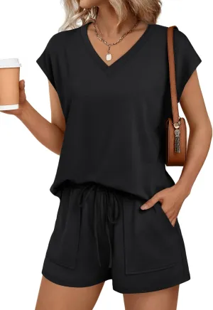 AUTOMET 2 Piece V Neck Cap Sleeve Shirt and Shorts Set Womens Matching Summer Lounge Sets