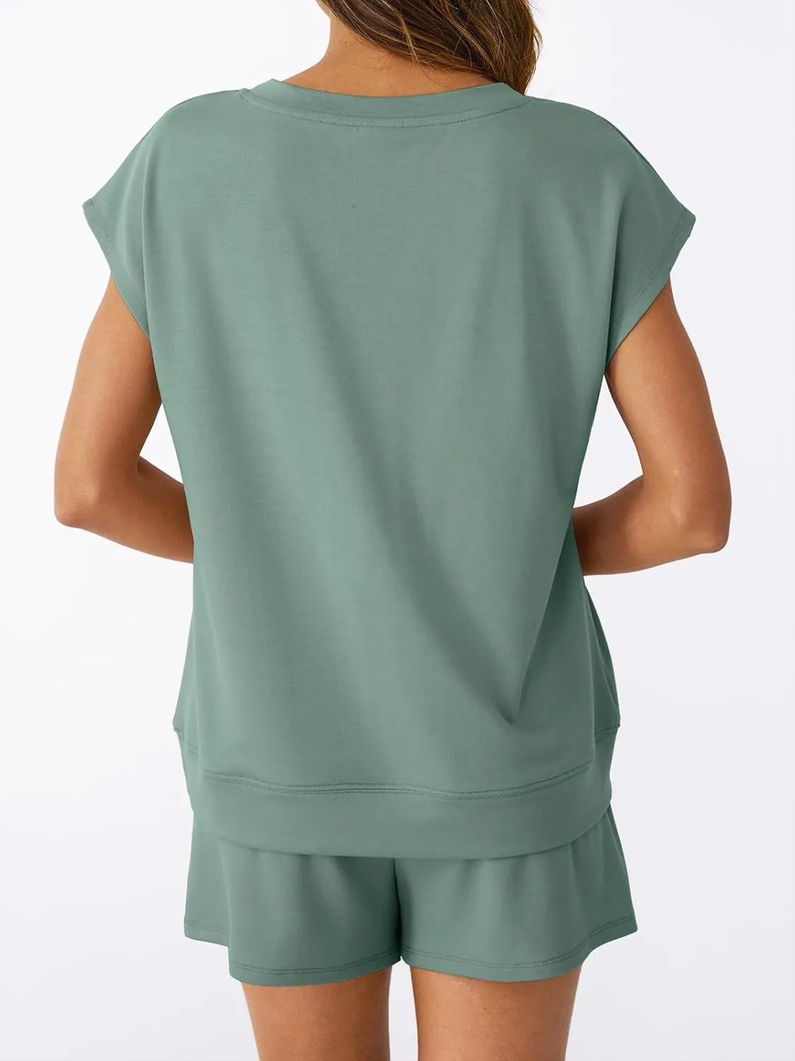 AUTOMET 2 Piece V Neck Cap Sleeve Shirt and Shorts Set Womens Matching Summer Lounge Sets