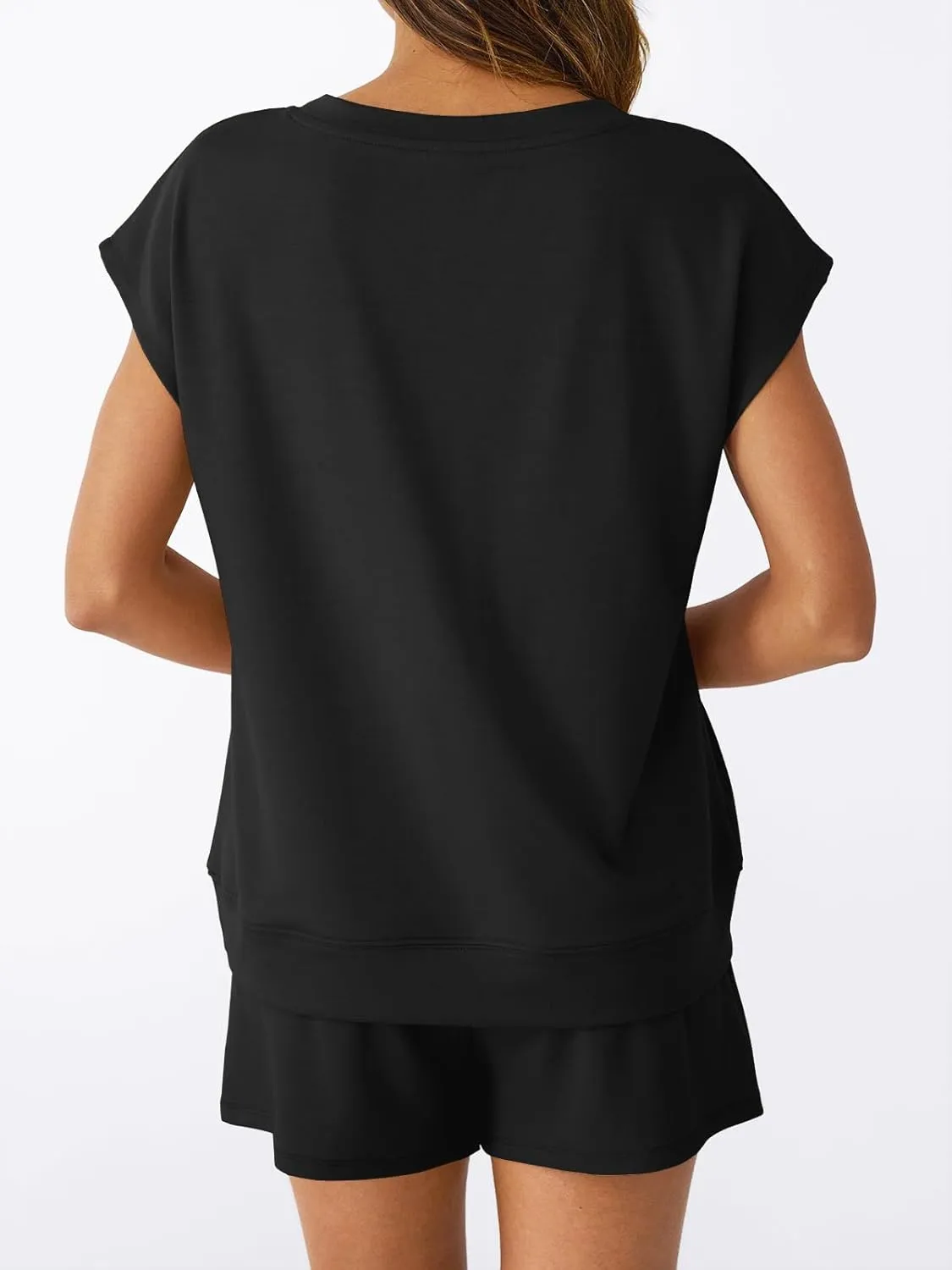AUTOMET 2 Piece V Neck Cap Sleeve Shirt and Shorts Set Womens Matching Summer Lounge Sets