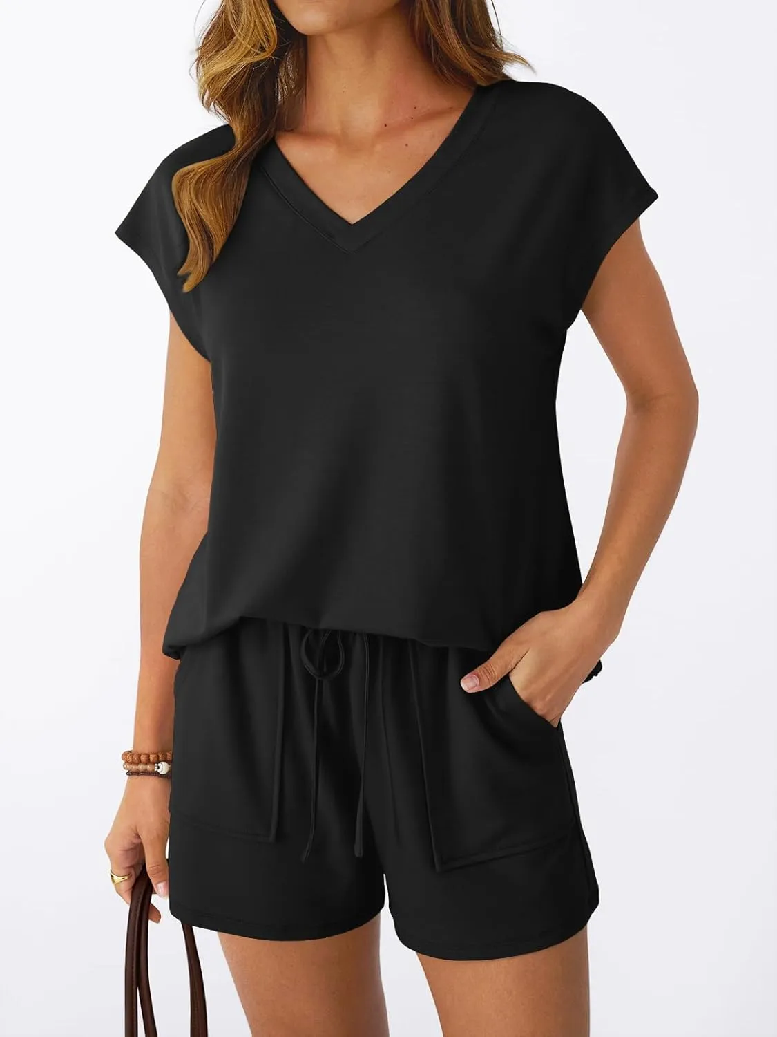 AUTOMET 2 Piece V Neck Cap Sleeve Shirt and Shorts Set Womens Matching Summer Lounge Sets
