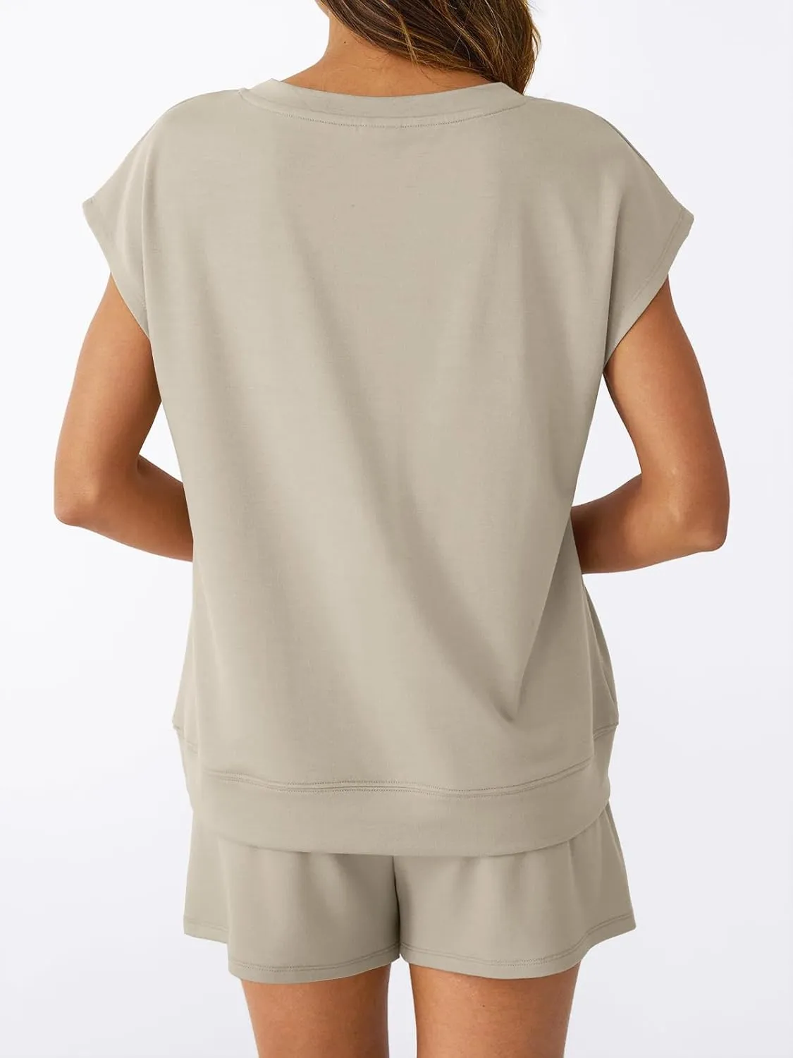 AUTOMET 2 Piece V Neck Cap Sleeve Shirt and Shorts Set Womens Matching Summer Lounge Sets